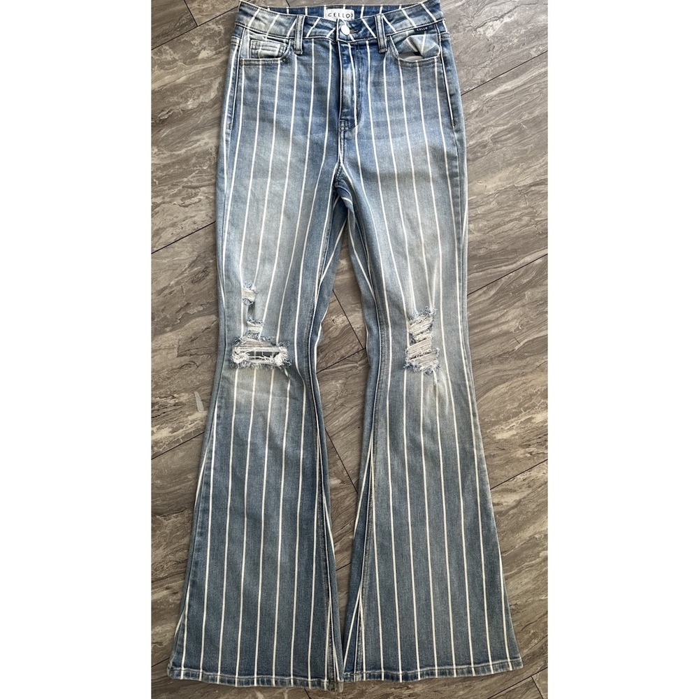 Cello Jeans Size 3 Y2K Striped‎ Distressed Flare Bell Bottom High Rise Denim